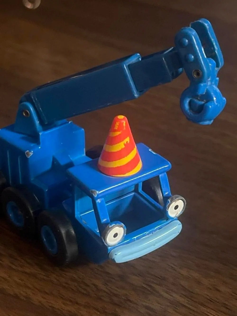 Blue Toy Crane Truck with Orange Safety Cone - Kids Vehicles